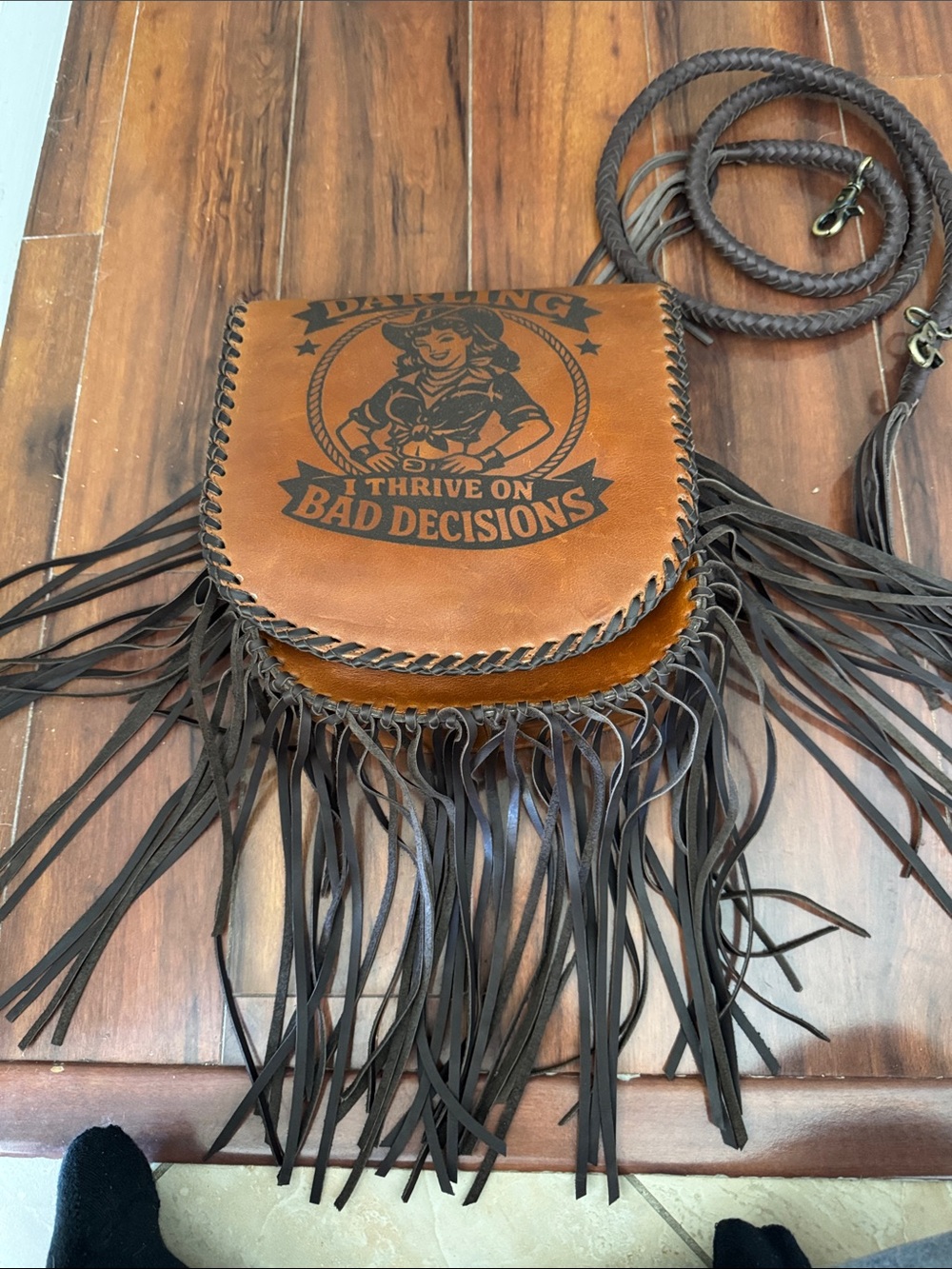Darling Brown Leather Fringe Crossbody Bag with Black Graphic - Picture 2 of 6